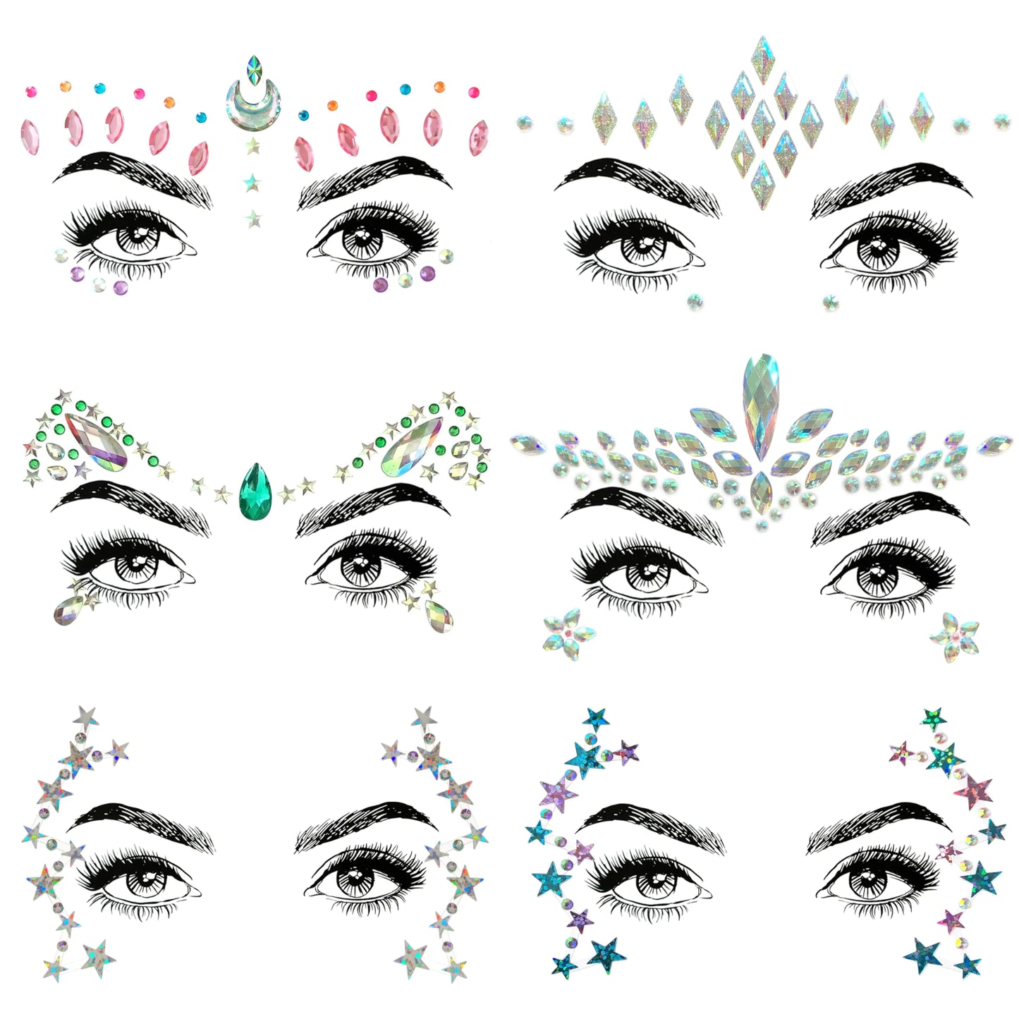 SHINEYES 6 Pcs Music Festival Face Jewels Rhinestone Rave Face Gems GlitterCrystal Birthday Party Festival Face Sticker Eyes Face Body Temporary Tattoos for Festival Party
