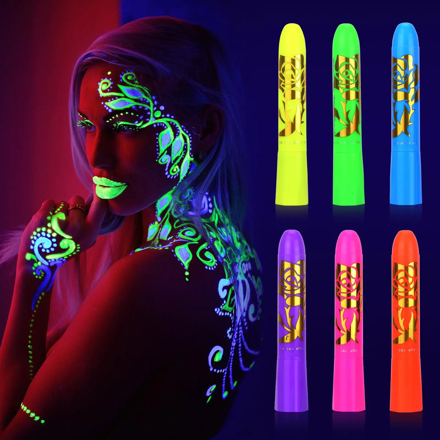 glow in the dark body face paint 6pcs UV Crayon Kit neon accessories for glow party suppliesneon party decorations for Birthday Party Halloween Masquerade Makeup for Kids Adult