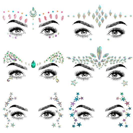 SHINEYES 6 Pcs Music Festival Face Jewels Rhinestone Rave Face Gems GlitterCrystal Birthday Party Festival Face Sticker Eyes Face Body Temporary Tattoos for Festival Party