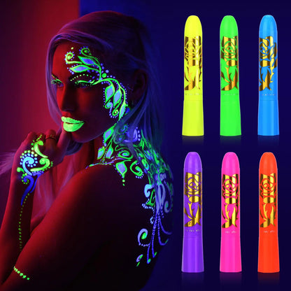 glow in the dark body face paint 6pcs UV Crayon Kit neon accessories for glow party suppliesneon party decorations for Birthday Party Halloween Masquerade Makeup for Kids Adult