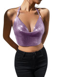 Women’s Sexy Metallic Sequins Halter Crop Top Deep V Neck Backless Vest Shirt Clubwear Rave Outfit Purple