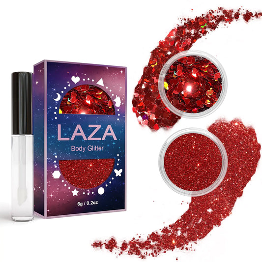 Laza 2 Jars Body Glitter for Valentine’s Day Hair Accessories Heart Glitter Chunky Sequins with Glitter Glue for Women Eyeshadow Makeup Face Paint Festival Rave Outfits Party Costumes - Crush