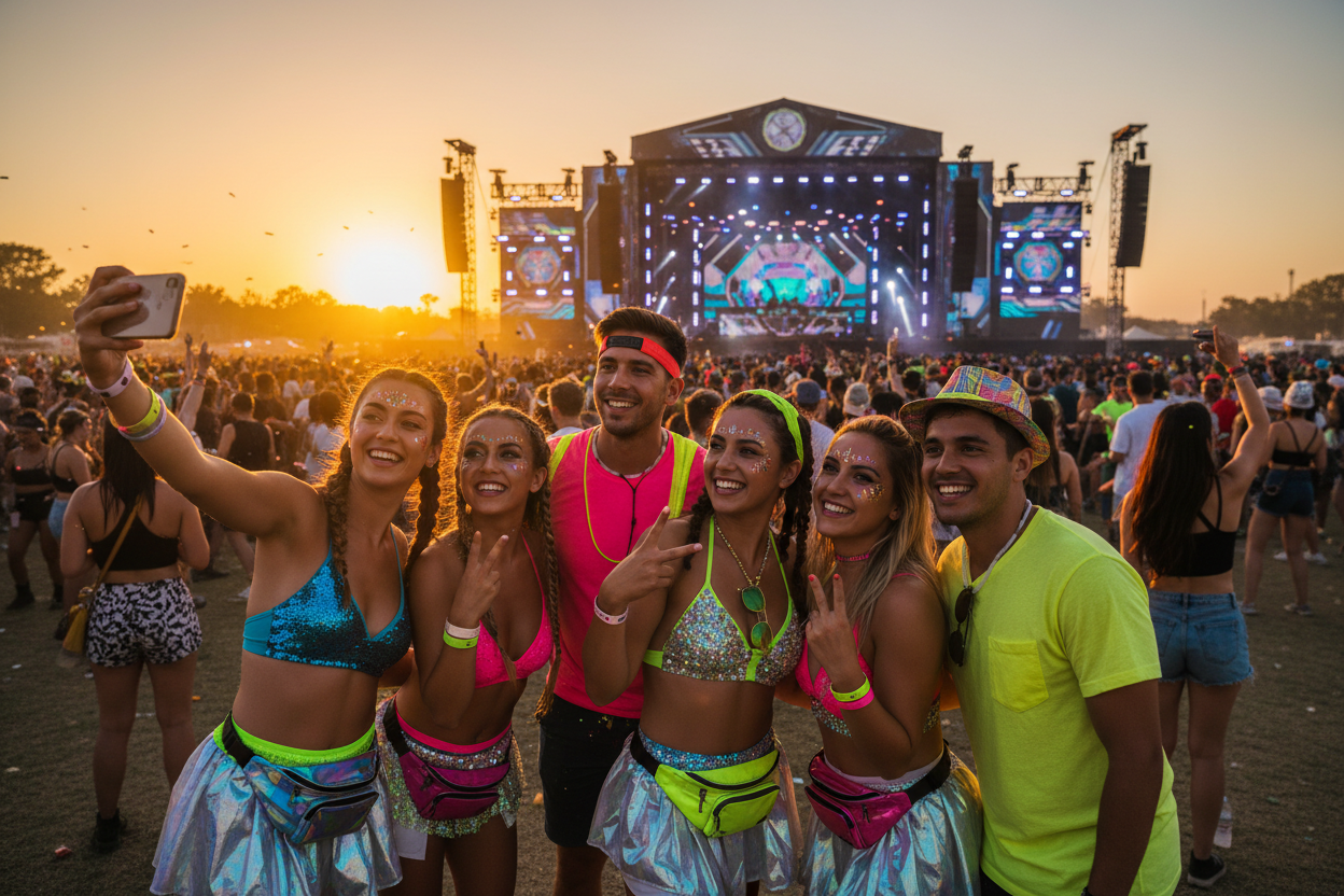 Give me a group of friends at an outdoor EDM festival around sunset with the stage in the distance behind them they take a picture together girls in their rave outfits 