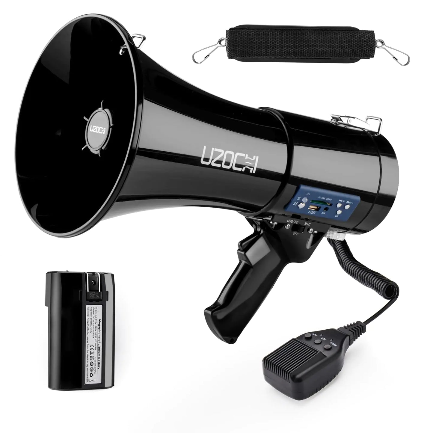 UZOCHI 50W Megaphone Bullhorn Speaker with Rechargeable Battery | Loud Slim Mega Phone with Siren & Recording Supports Bluetooth USB AUX Input (Black)