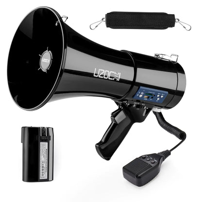 UZOCHI 50W Megaphone Bullhorn Speaker with Rechargeable Battery | Loud Slim Mega Phone with Siren & Recording Supports Bluetooth USB AUX Input (Black)