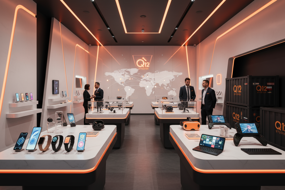 (orange accents in the studio) Q12 Studios procuring the newest coolest gadgets from around the world