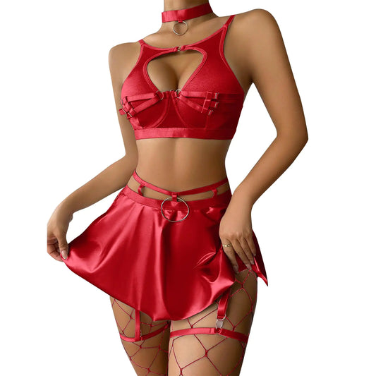 ABAFIP Womens Rave Festival Outfits Metallic Mini Skirt Cutout Crop Bra Top Choker 3 Piece Strappy Festival Dancewear Clothes set Red Small